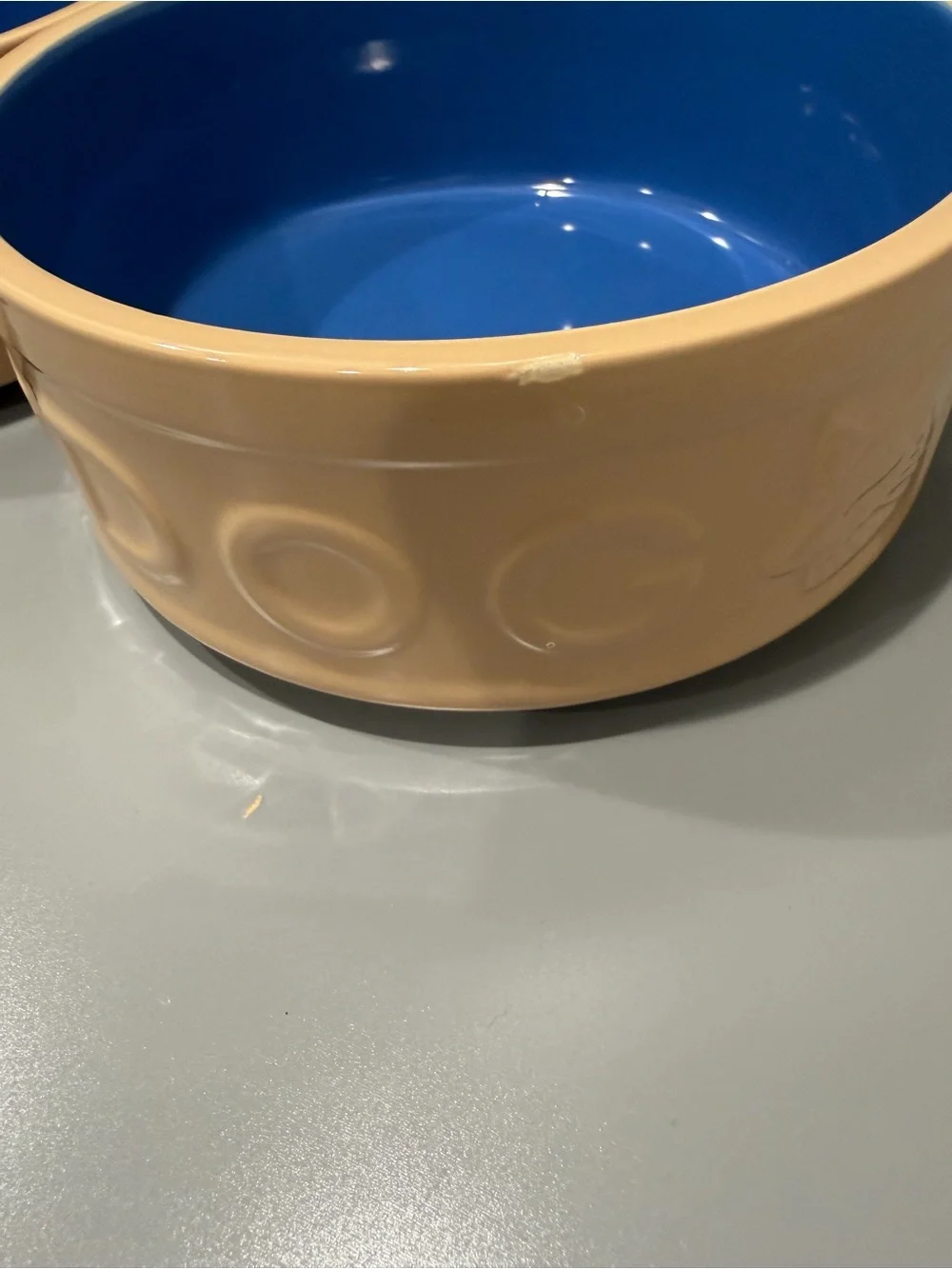 Mason Cash Cane & Blue Lettered Stoneware Dog Bowls